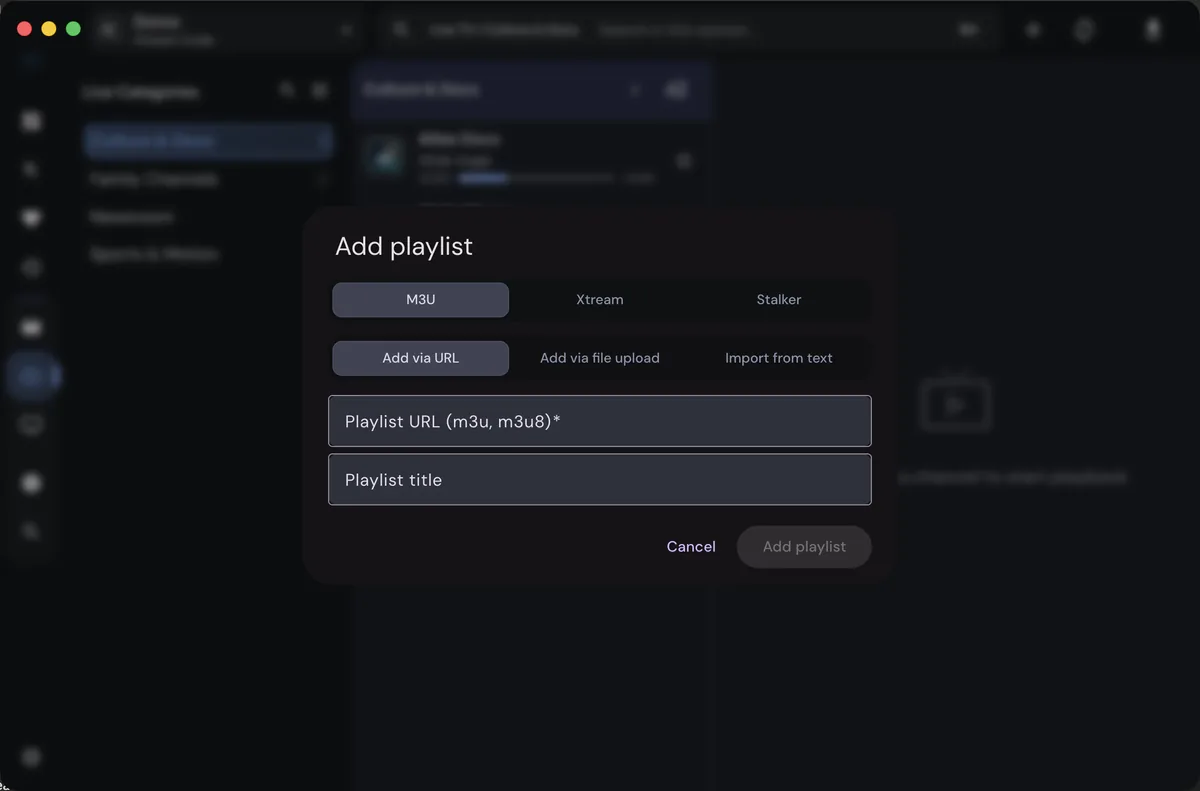 IPTVnator Add playlist dialog with M3U, Xtream and Stalker choices