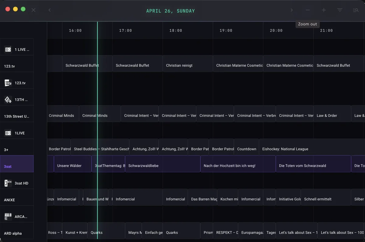 IPTVnator EPG guide grid with time blocks and channel rows